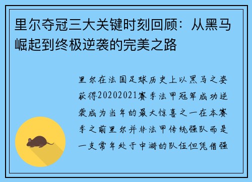 里尔夺冠三大关键时刻回顾:从黑马崛起到终极逆袭的完美之路 里尔夺冠三大关键时刻回顾:从黑马崛起到终极逆袭的完美之路