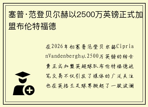 塞普·范登贝尔赫以2500万英镑正式加盟布伦特福德 塞普·范登贝尔赫以2500万英镑正式加盟布伦特福德