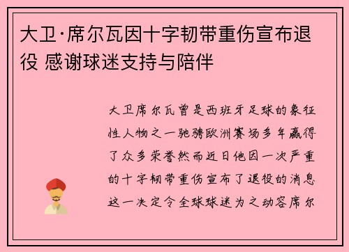 大卫·席尔瓦因十字韧带重伤宣布退役 感谢球迷支持与陪伴